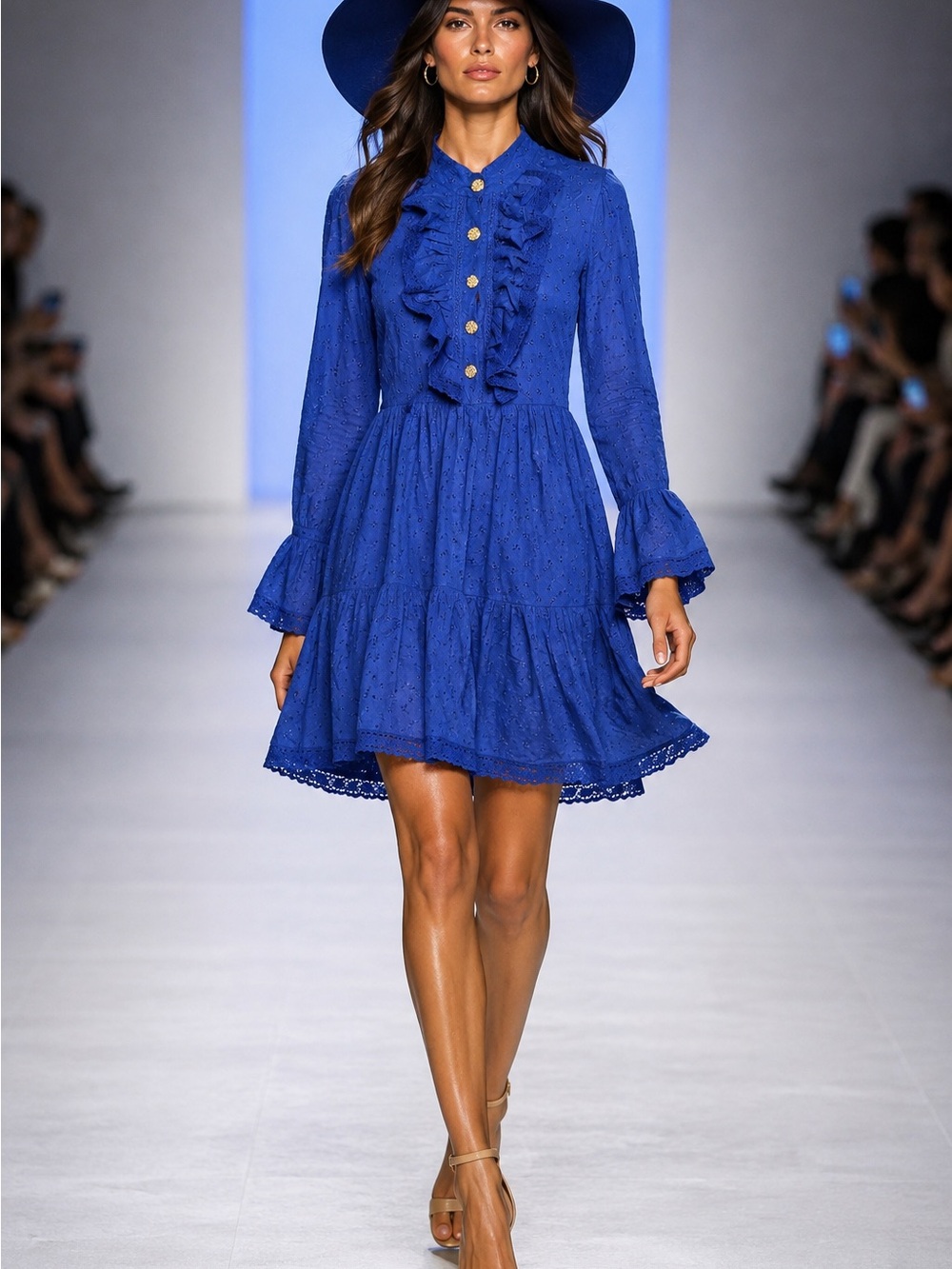 Beulah Style Blue Eyelet Ruffle Mini Dress Size S NWT